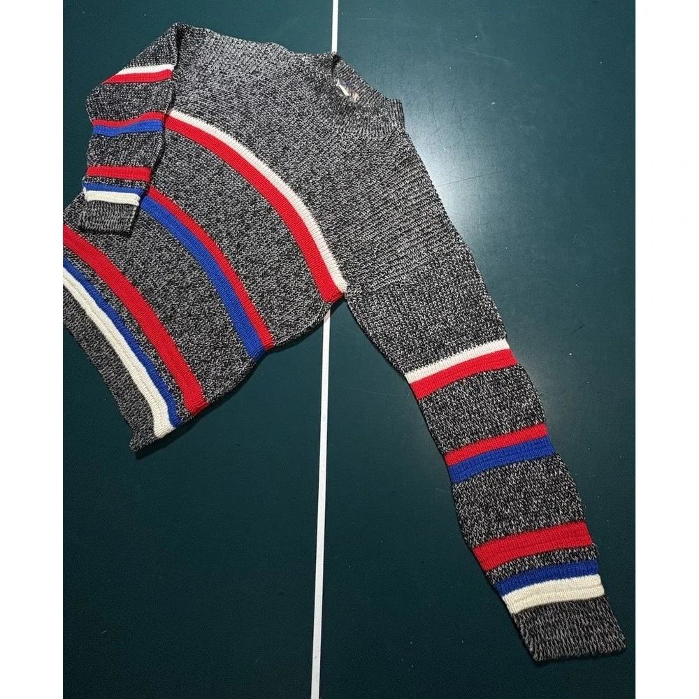 Vintage Chunky Knit Sweater Men's Small Gray‎ Striped Marled Fisherman Crewneck